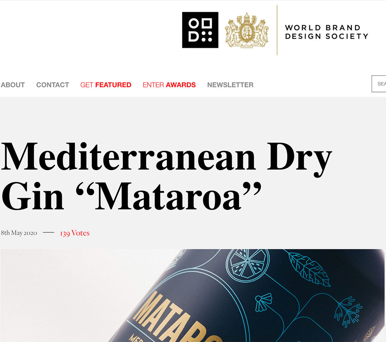 Mataroa Mediterranean Dry Gin featured on World Brand Design Society website